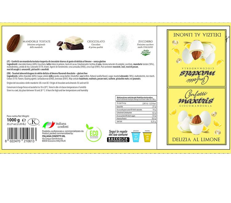 Confetti Maxtris, Confetti Italiani di MANDORLA, DELIZIA al LIMONE, 1 Kg.