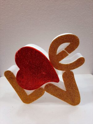 SCRITTA  LOVE SAN VALENTINO CON CUORE CONTENITORE IN POLISTIOLO GLITTERATO DISPONIBILE ORO E ARGENTO