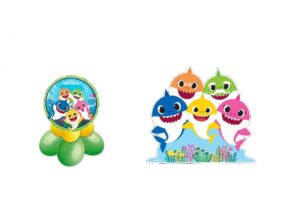 KIT FESTA BABY SHARK CON CENTROTAVOLA SAGOMA IN POLISTIROLO FESTONE  E MASCHERINE