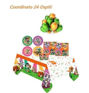 KIT 24 OSPITI 44 GATTI CON PALLONI ARANCIO/VERDI COORDINATO TAVOLA (24 PIATTI,40 TOVAGLIOLI,24 BICCHIERI,1 TOVAGLIA,10 PALLONI)