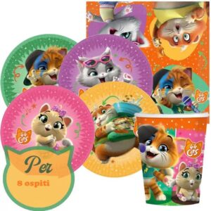 Kit 52 PZ Compleanno Bambini 44 Gatti Coordinato TAVOLA (16 Piatti,16 Bicchieri,20 TOVAGLIOLI)