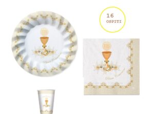 Kit 16 Ospiti Comunione Classic Chic  (16 Piatti,16 Bicchieri,20 Tovaglioli,) Festa Decorazione Coordinato Tavola