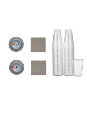 COORDINATO TAVOLA MONOCOLORE ARGENTO PLASTICA n.25 (200 BICCHIERI, 60 PIATTI,100 TOVAGLIOLI)