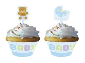 12 WRAPPER TEDDY BABY BLUE PER MUFFIN CUPCAKE + PICK