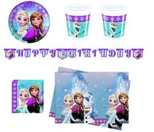 KIT N 13 COORDINATO COMPLEANNO FROZEN NORTHEN CON GHIRLANDA (24 PIATTI,24 BICCHIERI,40 TOVAGLIOLI,1 TOVAGLIA,1 FESTONE)