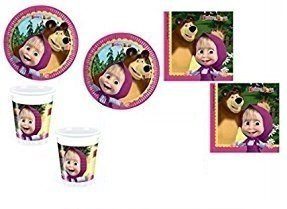 KIT 72 PZ COMPLEANNO BAMBINI MASHA E ORSO COORDINATO TAVOLA (16 PIATTI,16 BICCHIERI,40 TOVAGLIOLI)