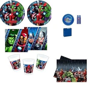 KIT N.7 COORDINATO TAVOLA COMPLEANNO AVENGERS ASSEMBLE MARVEL ADDOBBI DECORAZIONI + MONOCOLORE BLU