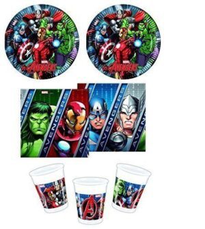 KIT 72 PZ COMPLEANNO BAMBINI AVENGERS  COORDINATO TAVOLA PIATTI BICCHIERI TOVAGLIOLI(16 PIATTI,16 BICCHIERI,40 TOVAGLIOLI)