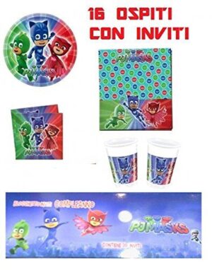 SUPER PIGIAMINI KIT 16 OSPITI CON INVITI COMPLEANNO COORDINATO TAVOLA PJ MASK
