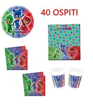 SUPER PIGIAMINI KIT 40 OSPITI COMPLEANNO COORDINATO TAVOLA PJ MASK (40 PIATTI,40 BICCHIERI,40 TOVAGLIOLI,1 TOVAGLIA)