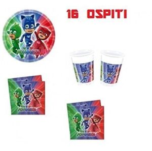 SUPER PIGIAMINI KIT 16 OSPITI COMPLEANNO COORDINATO TAVOLA PJ MASK (16 PIATTI,16 BICCHIERI,20 TOVAGLIOLI,1 TOVAGLIA)