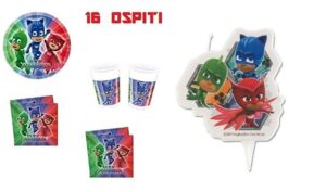 SUPER PIGIAMINI KIT 16 OSPITI COORDINATO TAVOLA PJ MASK CON CANDELA (16 PIATTI,16 BICCHIERI,20 TOVAGLIOLI,1 TOVAGLIA,1 CANDELA)
