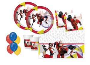 KIT 2 FESTA 8 OSPITI GLI INCREDIBILI COORDINATO TAVOLA CON PALLONI(8 PIATTI,8 BICCHIERI ,16 TOVAGLIOLI, 1 TOVAGLIA,10 PALLONI)