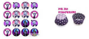 KIT CIALDA SU OSTIA  VAMPIRINA 16  IMPRONTE PER BISCOTTI CUPCAKES CON 20 PIROTTINI POIS VIOLA