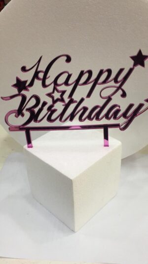CAKE TOPPER IN PLEXIGLASS A SPECCHIO HAPPY BIRTHDAY CON STELLE FUCSIA