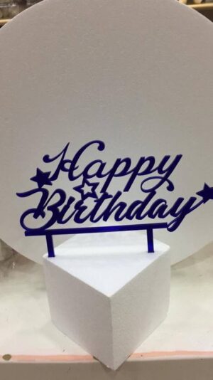 CAKE TOPPER IN PLEXIGLASS A SPECCHIO HAPPY BIRTHDAY CON STELLE BLU