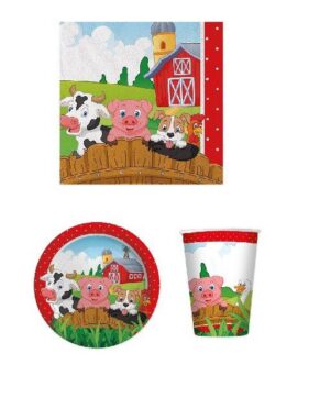 KIT PER FESTA 72 PEZZI FARM FATTORIA COORDINATO TAVOLA (16 PIATTI-16 BICCHIERI-40 TOVAGLIOLI)