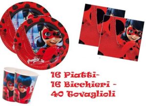 Kit 72 PZ Compleanno Bambini LadyBug MIraculous Coordinato TAVOLA(16 Piatti,16 Bicchieri,40 TOVAGLIOLI)
