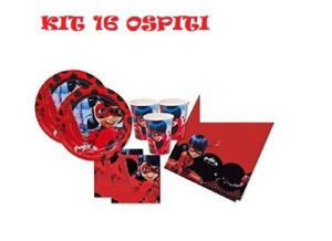 Kit 16 Ospiti LadyBug MIraculous Coordinato TAVOLA Compleanno Festa ADDOBBI(16 Piatti,16 Bicchieri,20 TOVAGLIOLI,1 TOVAGLIA)