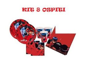 Kit 8 Ospiti LadyBug Miraculous Coordinato TAVOLA Compleanno ADDOBBI(8 Piatti,8 Bicchieri,20 TOVAGLIOLI,1 TOVAGLIA)