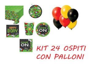 Kit 24 Ospiti Gaming Party Coordinato TAVOLA con Palloni (24 Piatti 24 Bicchieri 40 TOVAGLIOLI 1 TOVAGLIA 10 PALLONI)