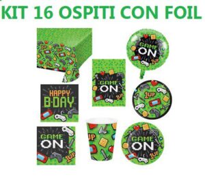 Kit 16 Ospiti Gaming Party Coordinato TAVOLA con Pallone Foil (16 Piatti 16 Bicchieri 16 TOVAGLIOLI 1 TOVAGLIA 1 Pallone Foil)
