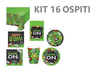 Kit 16 Ospiti Gaming Party Coordinato TAVOLA (16 Piatti 16 Bicchieri 16 TOVAGLIOLI 1 TOVAGLIA)