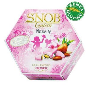CONFETTI CRISPO SNOB NASCITA LIETO EVENTO ROSA INCARTATI SINGOLARMENTE MANDORLA CONFEZIONE DA 500 GR. BOMBONIERE