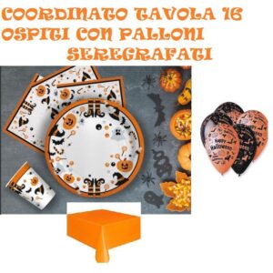 COORDINATO TAVOLA HALLOWEEN 16 OSPITI CON PALLONI SEREGRAFATI(16 PIATTI,16 BICCHIERI,20 TOVAGLIOLI,1 TOVAGLIA,10 PALLONI)