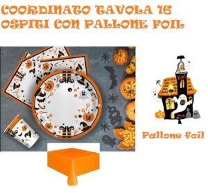 COORDINATO TAVOLA HALLOWEEN 16 OSPITI CON PALLONI FOIL(16 PIATTI,16 BICCHIERI,20 TOVAGLIOLI,1 TOVAGLIA,1 PALLONE)