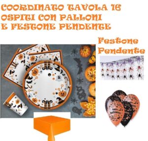 COORDINATO TAVOLA HALLOWEEN 16 OSPITI CON FESTONE E PALLONI