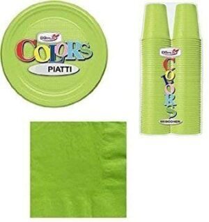 COORDINATO TAVOLA MONOCOLORE VERDE ACIDO PLASTICA n.25 (200 BICCHIERI,50  PIATTI,100 TOVAGLIOLI)