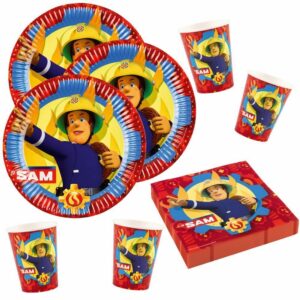 KIT 72 PZ COMPLEANNO BAMBINI SAM IL POMPIERE COORDINATO TAVOLA PIATTI BICCHIERI TOVAGLIOLI(16 PIATTI,16 BICCHIERI,40 TOVAGLIOLI)