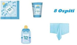 Kit 8 Ospiti BIBERON Celeste (8 Piatti,8 Bicchieri,20 TOVAGLIOLI,1 TOVAGLIA) Festa Decorazione Coordinato TAVOLA