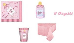 Kit 8 Ospiti BIBERON Rosa (8 Piatti,8 Bicchieri,20 TOVAGLIOLI,1 TOVAGLIA) Festa Decorazione Coordinato TAVOLA