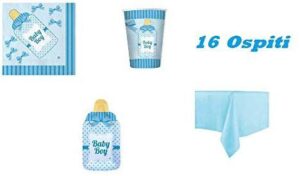 Kit 16 Ospiti BIBERON Celeste (16 Piatti,16 Bicchieri,20 TOVAGLIOLI,1 TOVAGLIA) Festa Decorazione Coordinato TAVOLA