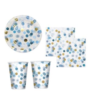 KIT 16 OSPITI POIS CHIC CELESTE ORO COORDINATO TAVOLA (16 PIATTI, 16 BICCHIERI,20 TOVAGLIOLI) CORIANDOLI