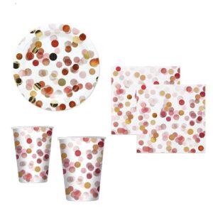 KIT 16 OSPITI POIS CHIC ROSA GOLD ORO COORDINATO TAVOLA (16 PIATTI, 16 BICCHIERI,20 TOVAGLIOLI) CORIANDOLI