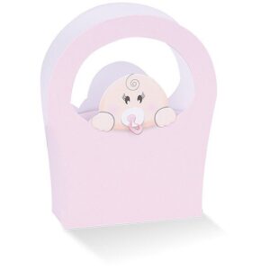 10 SCATOLE PORTACONFETTI BORSA CON BIMBA CON TESTA FUORI ROSA