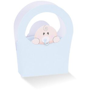 10 SCATOLE PORTACONFETTI BORSA CON BIMBO CON TESTA FUORI CELESTE