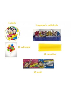 KIT ME CONTRO TE CON OSTIA PER TORTA- SAGOMA IN POLISTIROLO -10 PALLONI -12 CANDELE-15 INVITI