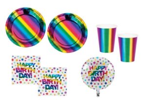 KIT 16 OSPITI CON PALLONE FOIL RAINBOW ARCOBALENO COORDINATO TAVOLA (16 PIATTI,16 TOVAGLIOLI,16 BICCHIERI,1 PALLONE)