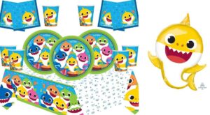 KIT 16 OSPITI BABY SHARK CON PALLONE A SAGOMA ( 16 piatti,16 bicchieri,16 tovaglioli ,1 tovaglia 1 pallone a sagoma)