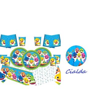 KIT 16 OSPITI BABY SHARK CON CIALDA PER TORTA ( 16 piatti,16 bicchieri,16 tovaglioli ,1 tovaglia 1 cialda)