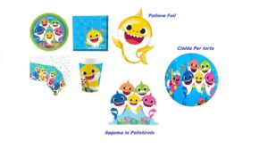 KIT 8 OSPITI BABY SHARK CON CIALDA PER TORTA ,PALLONE FOIL,SAGOMA IN POLISTIROLO