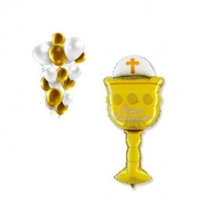 Pallone Foil Calice Prima comunione con 10 palloncini oro/bianco