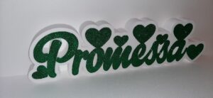 SCRITTA PROMESSA IN POLISTIROLO GLITTERATO VERDE CON  CONTORNO BIANCO