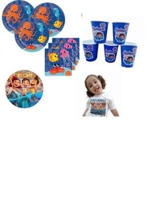 KIT  16 OSPITI  FESTA DI  COMPLEANNO LUCA CON  PIATTI T-SHIRT-BICCHIERI CON BOLLINO PERSONALIZZATO E OSTIA PER TORTA