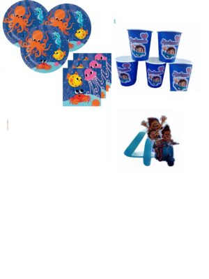 KIT 16 OSPITI COMPLEANNO LUCA CON PIATTI, BICCHIERI CON BOLLINO PERSONALIZZATO E SAGOMA CON NUMERO