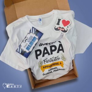 BOX FESTA DEL PAPA' CON TAVOLETTA DI CIOCCOLATO T-SHIRT PERSONALIZZATA E MAGNETE  A TEMA